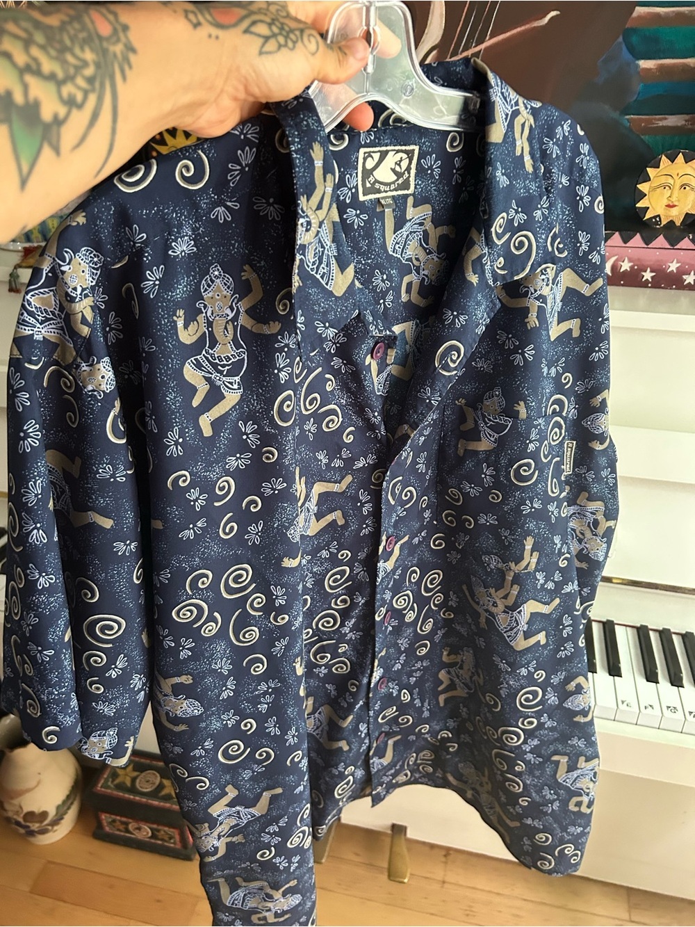DSQUARED2 Men’s Navy Camp Shirt Kokopelli Print Short Sleeve Button-Up